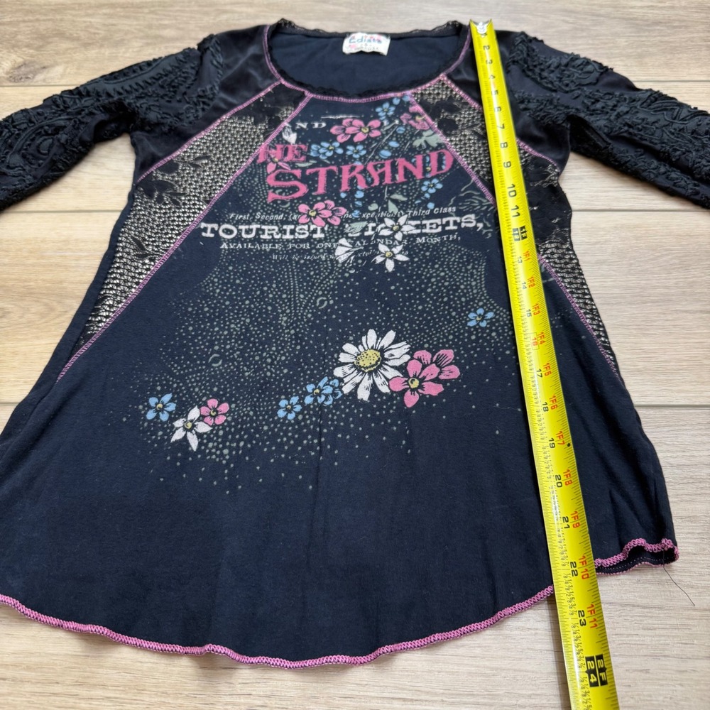 Edista Womens Vintage Y2K Grunge Graphic Top Black Sheer Embroidered Sleeves S - Picture 7 of 8
